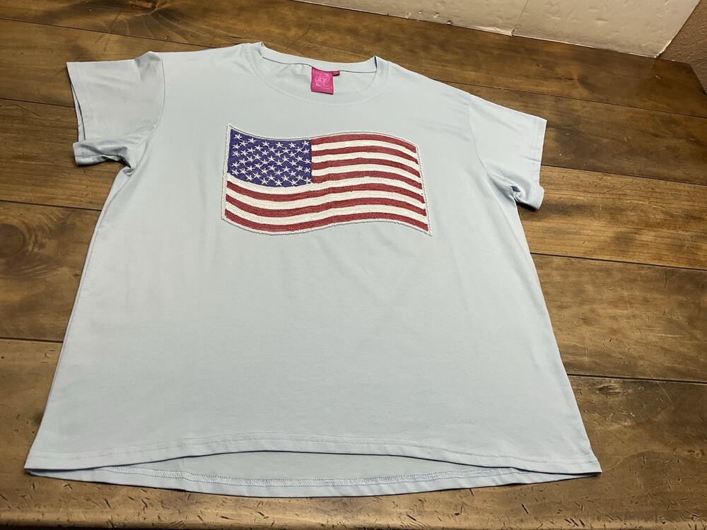 Queen Of Sparkles Blue USA Sequin American Flag TShirt Size Small